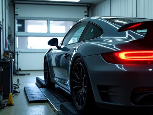 Performance car on a dynamometer during a tuning session, showing rollers and tie-downs