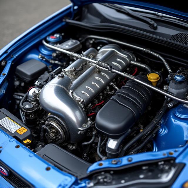 Detailed view of a heavily modified Subaru WRX STI engine bay, featuring a large turbo